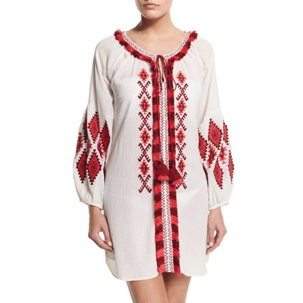 Figue Tula Embroidered Pink Tassel tie white long sleeve Dress NWT Womens XXS